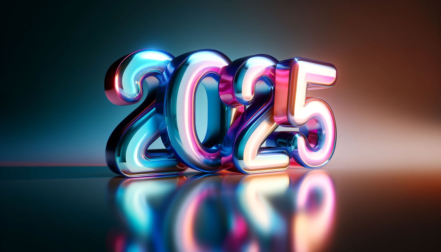 Ein 3D-Rendering der Zahl "2025" in einem glänzenden, reflektierenden Material mit lebhaften, mehrfarbigen Farbtönen. Die großen Zahlen stehen auf einer reflektierenden Oberfläche, die die leuchtenden Farben und das futuristische Design betont.