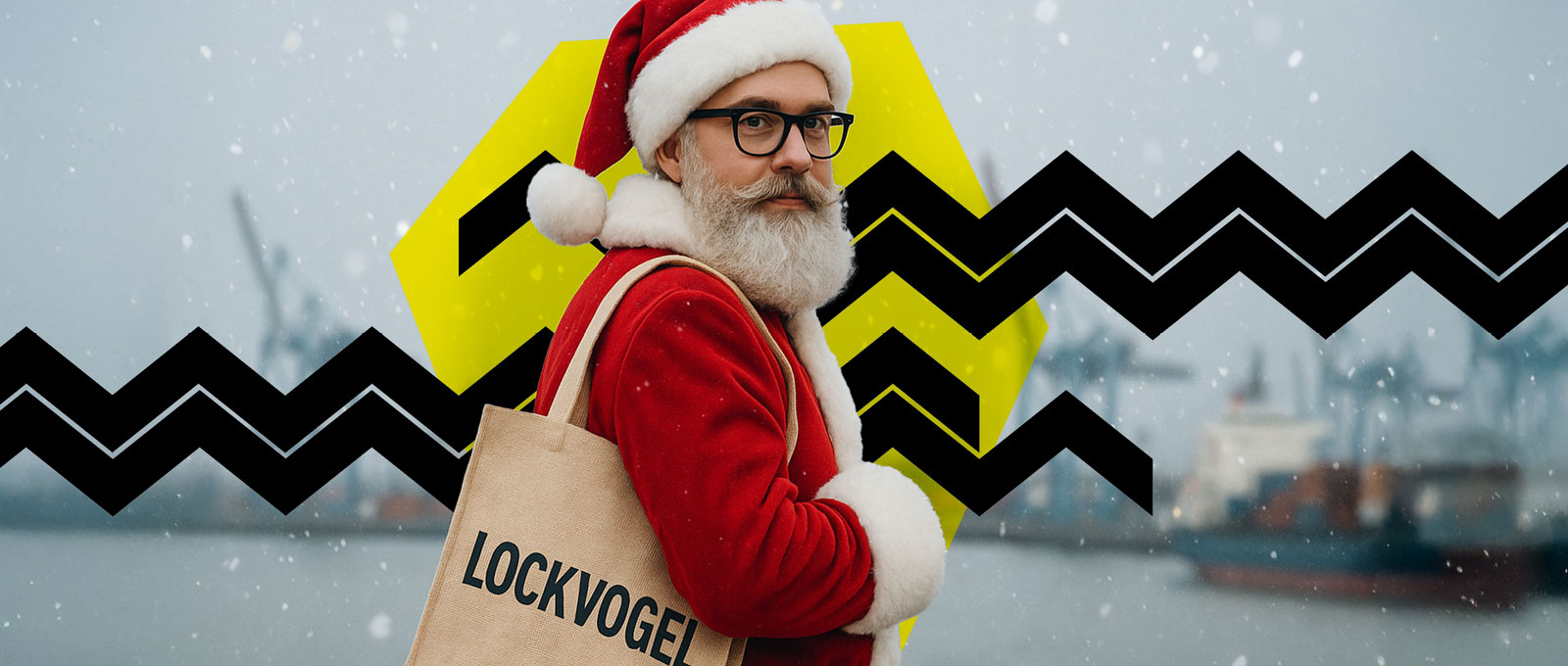 Weihnachtsmann vor Hafenkulisse mit LOCKVOGEL Jutebeutel