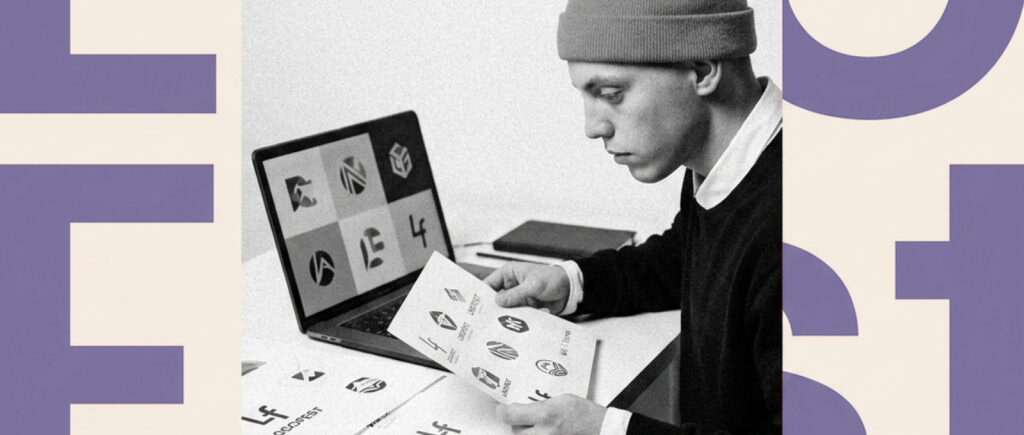KI-generiert – Mann mit Zettel und Laptop auf denen Logos abgebildet sind