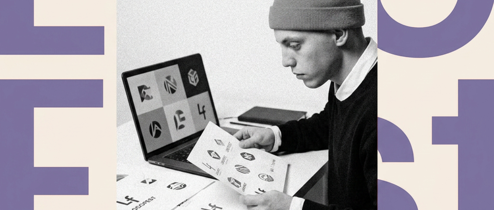 KI-generiert – Mann mit Zettel und Laptop auf denen Logos abgebildet sind