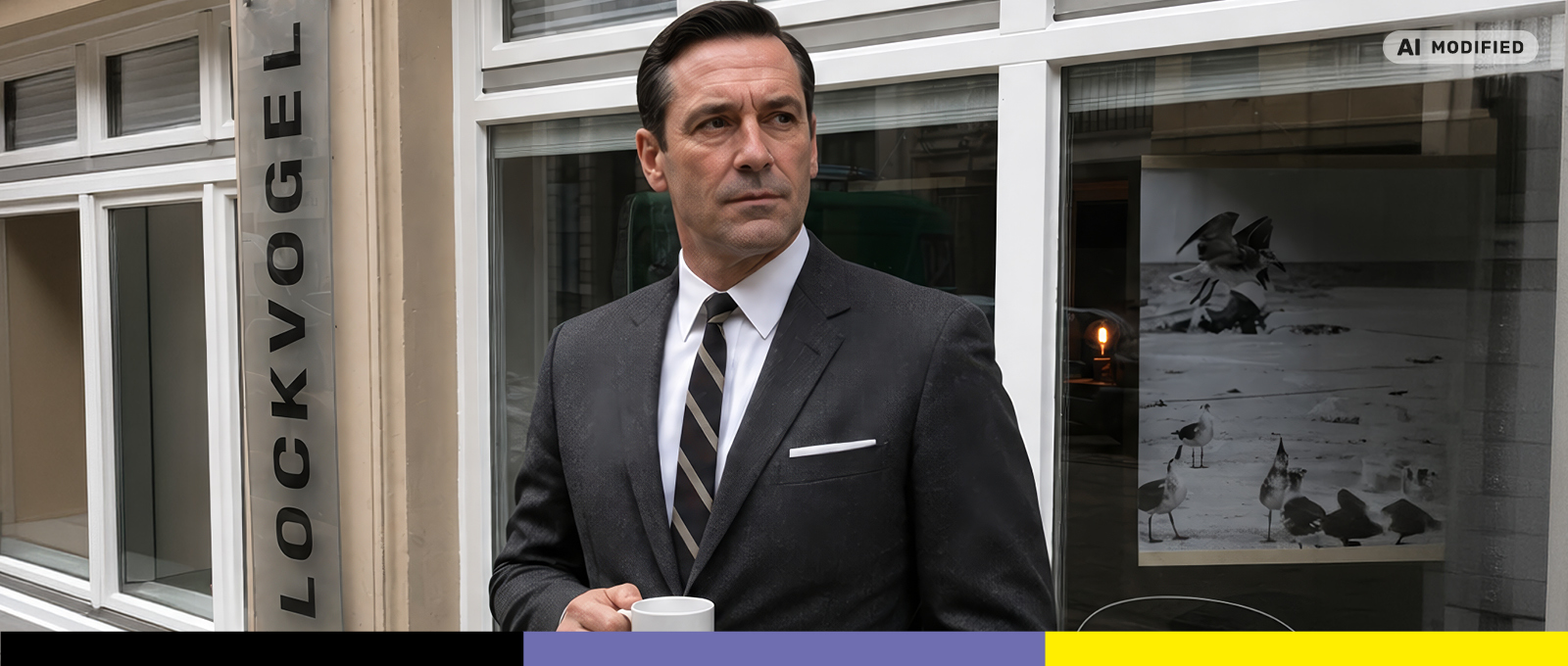 Don Draper vor dem LOCKVOGEL Büro – AI MODIFID
